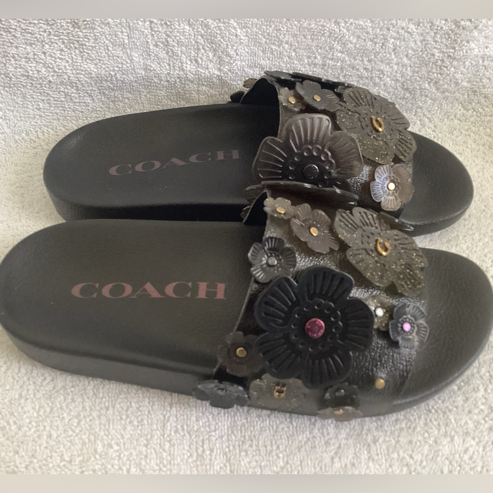 Coach Sophi Black Tea Rose Floral Rubber Slide Sandals Shoes 6 NWD